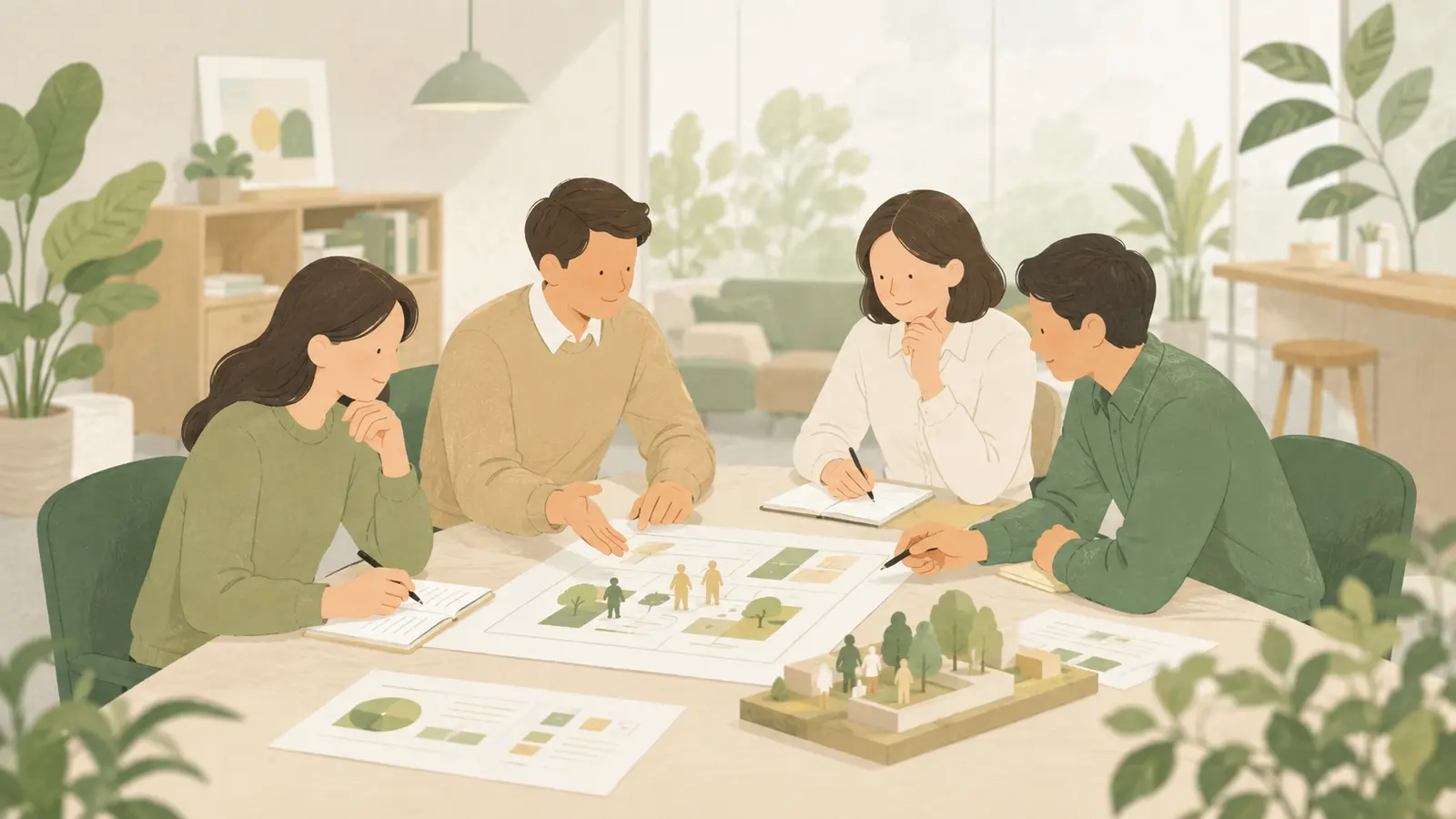 기업 간 협력과 함께 만드는 사업 기반을 표현한 디자인 일러스트